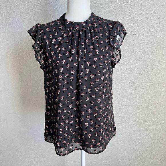 Dr2 Black Velvet Polka Dot Floral Back Tie Blouse Women's M Flutter Sleeve Top - Picture 1 of 7